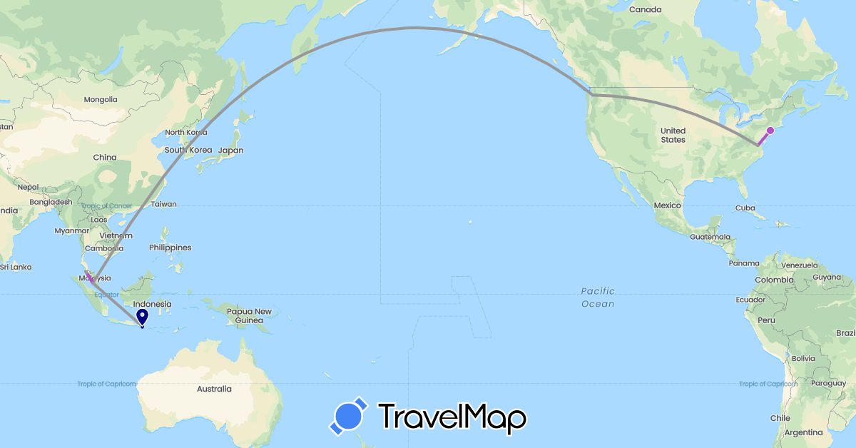 TravelMap itinerary: driving, plane, train in Indonesia, Malaysia, United States (Asia, North America)